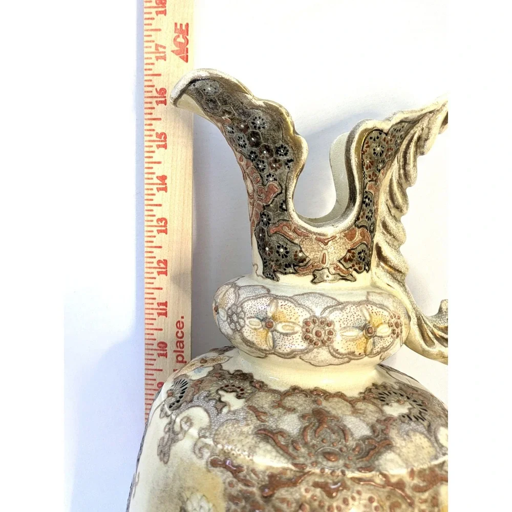 Antique Japanese Satsuma Moriage Ewer Pitcher Vase Vintage Hand Painted 17 Inch